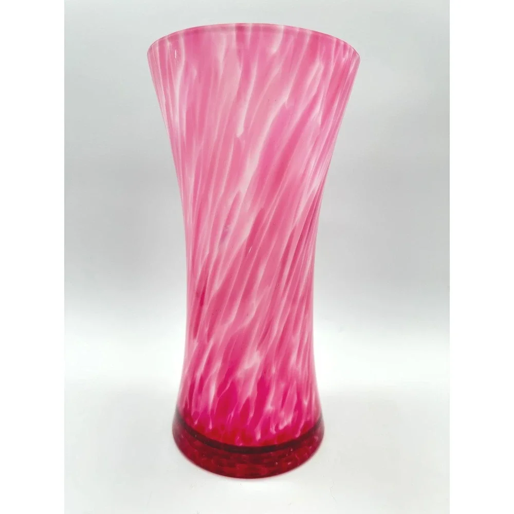 Pink White Swirl Glass Trumpet Vase 8in Fuchsia Hand Blown Flared Floral Decor